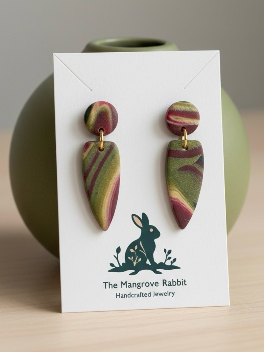 Crimson Ecru Green Swirl Small Handmade Polymer Clay Dangle Earrings w SS Posts